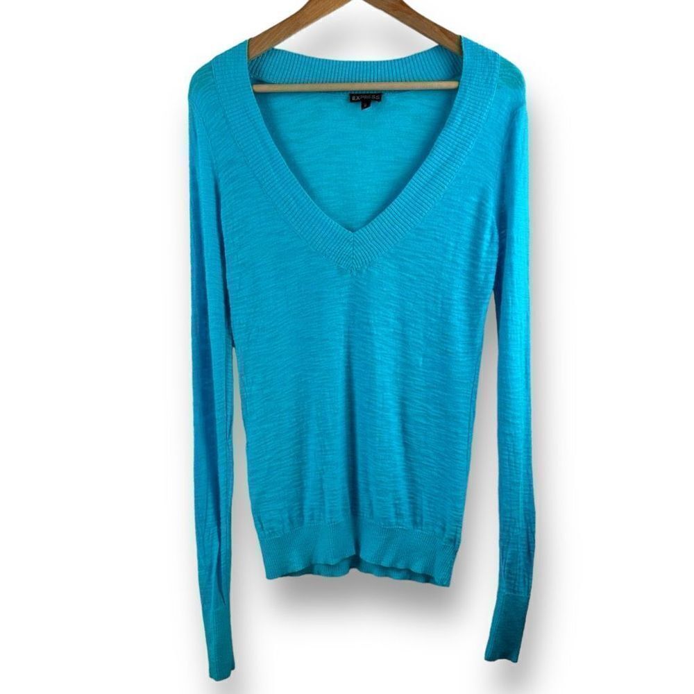 Express Women's Size M Deep Vneck Sweater Turquoise Blue Lightweight Cotton Blen